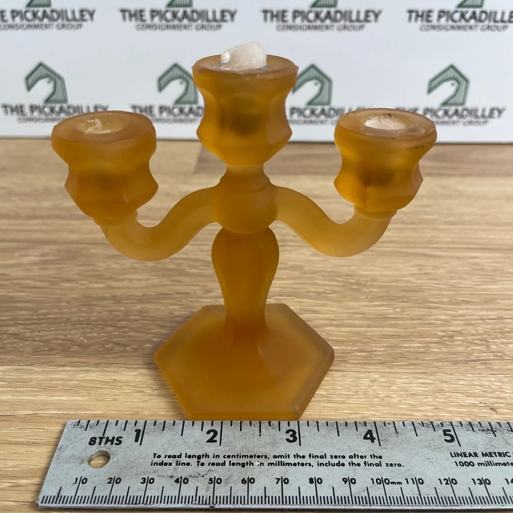 Vintage Amber Frosted Glass Candelabra and White Milk Glass Taper Holder Set 3pc
